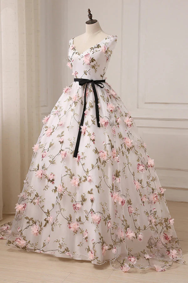 Wholesale White Tulle Long A-Line Prom Dress White V-Neck Evening Dress
